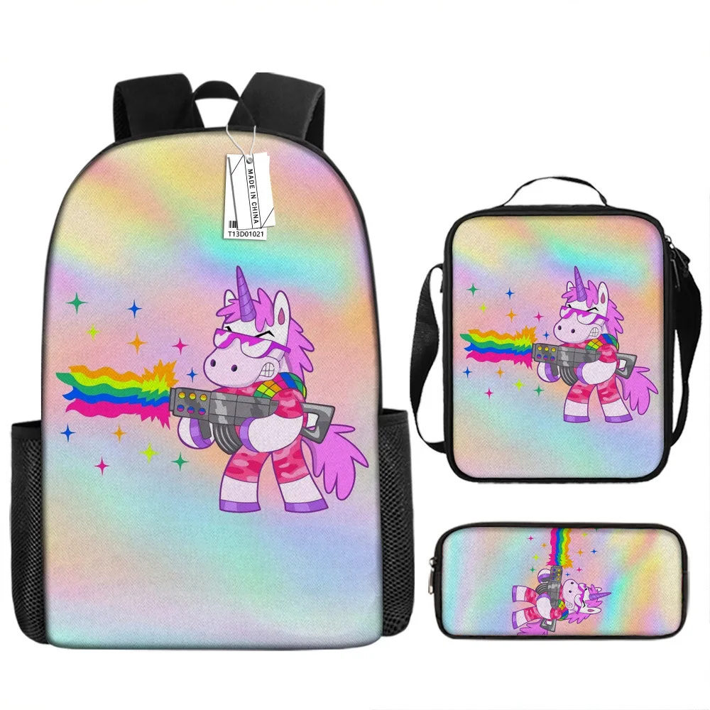 Trendy Popular Funny unicorn 3D Printed 3pcs/Set Student School Bags Laptop Daypack Backpack Crossbody Lunch bag Pencil Case