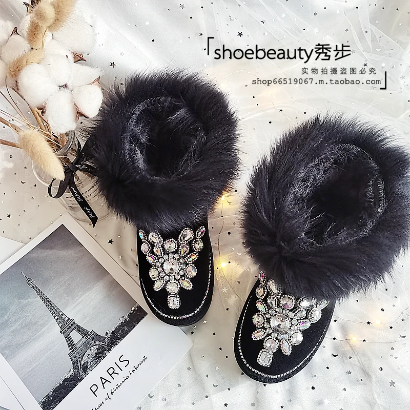 Handmade Custom Black Fur Luxury Rhinestones Snow Ankle Boots Woman Winter 2022 New In Crystal Diamonds Warm Plush Winter Shoes