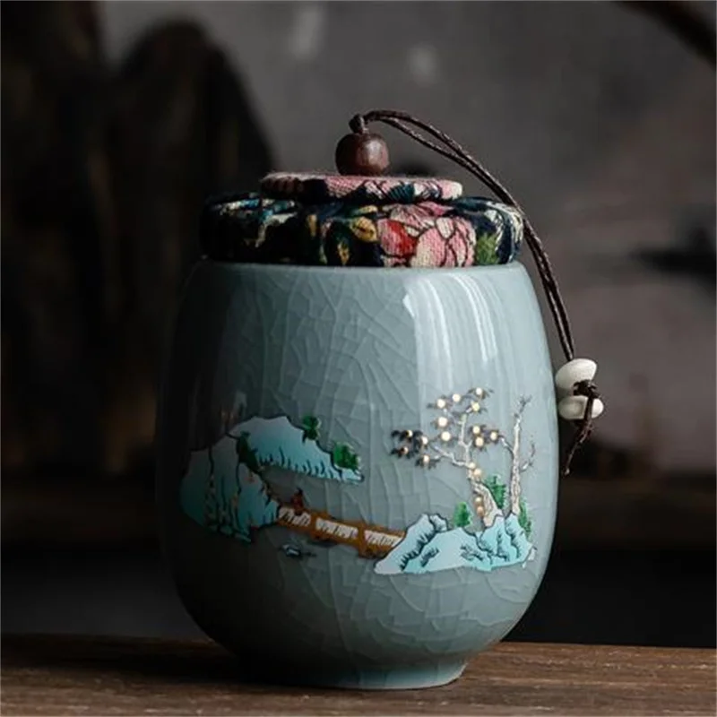 Ge Kiln Celadon Tea Caddy Chinese-style Ceramic Sealed Storage Tank Home Decorative Porcelain Jar Moisture-proof Tea Canister