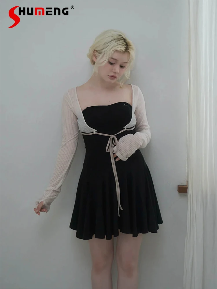 2025 النمط الياباني الحلو وهمية قطعتين فستان بكم طويل و مجموعة تي شيرتات قصيرة للأطفال الربيع والخريف الفتيات سليم صديرية دائرية فساتين صغيرة #2