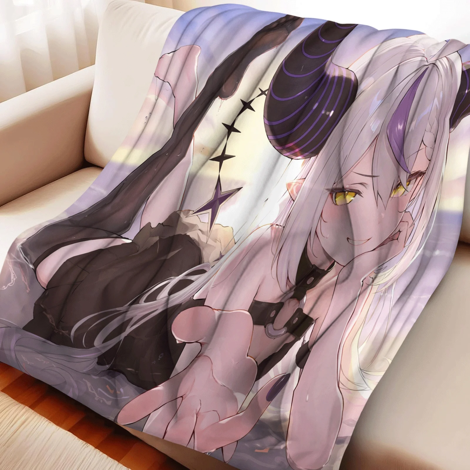Anime Flannel Throw Blanket La+ Darknesss Print Silver Hair Girl Big Horns Warm Sofa Bed Blanket Fan Gift