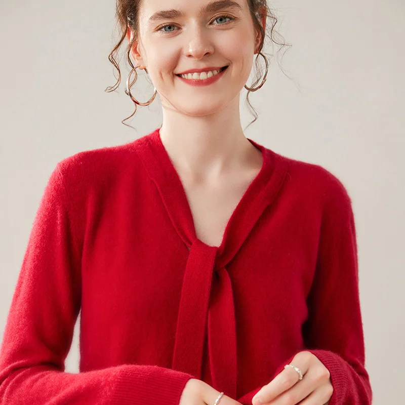 

2025 Soft waxy skin-friendly 100% cashmere sweater women's V-neck Ribbon pullovers fall new loose Cashmere knit sweater
