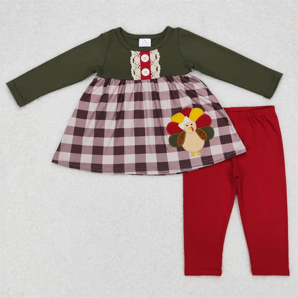 

Wholesale Kids Toddler Long Sleeves Embroidery turkey Plaid Tunic Baby Girl Red Pants Infant Children Set Thanksgiving Outfit