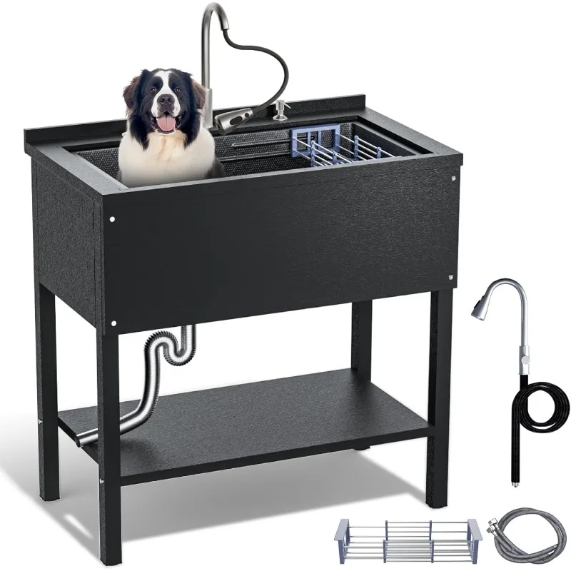 

Heavy Duty Stainless Steel Utility Sink,36" Freestanding Sink with Cold and Hot Water Faucet,Commercial Kitchen Single Bowl,Laun