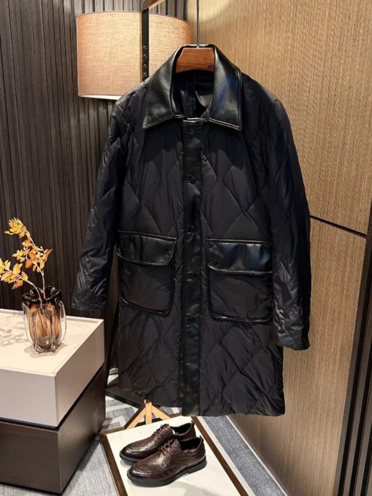 

High-End Busin Aosphere Men's Leather-Textured down Jaet Mid-Length Color Stand Collar Windproof Warm Faionable