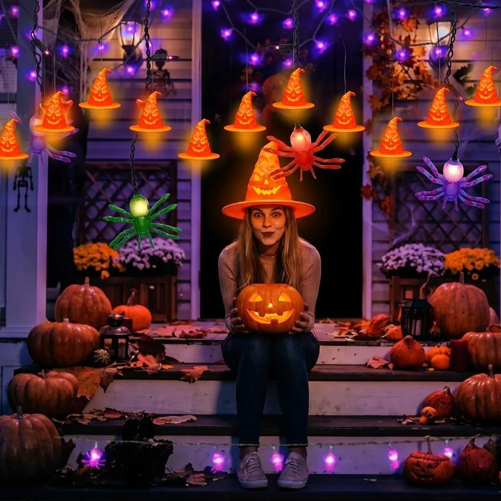 Scary LED Light Up Witch Hat Hanging Light Hollow Out Glowing Halloween Wizard Hat Table Lamp Handmade Dark Spooky