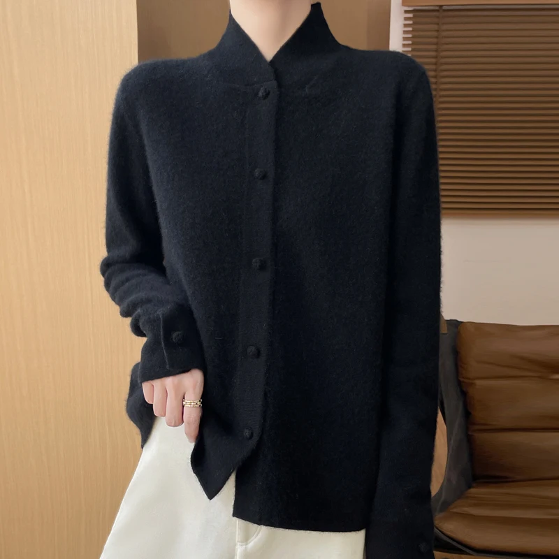 New Chinese Stand Collar New 100% Merino Wool Cardigan Autumn and Winter Vintage Solid Color Sweater Coat Loose Knit Top