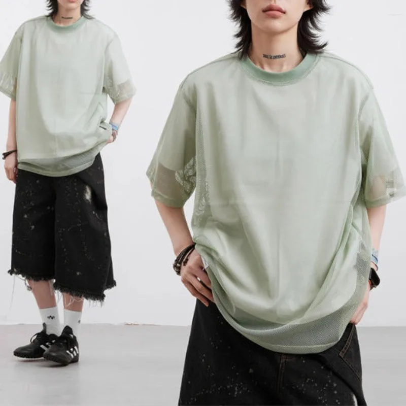 Mint Green Sheer Sun Protection Short Sleeved Cover Up Japanese Men Women Summer Layered Tops Versatile Breathable Mesh T-shirt