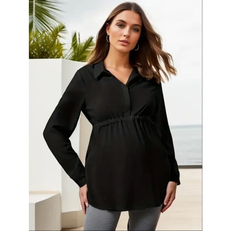 

Pregnant Women's Long Sleeved V-neck Comfortable Nursing Top Fashionable Versatile for Spring Autumn Solid Color Chiffon Shirt