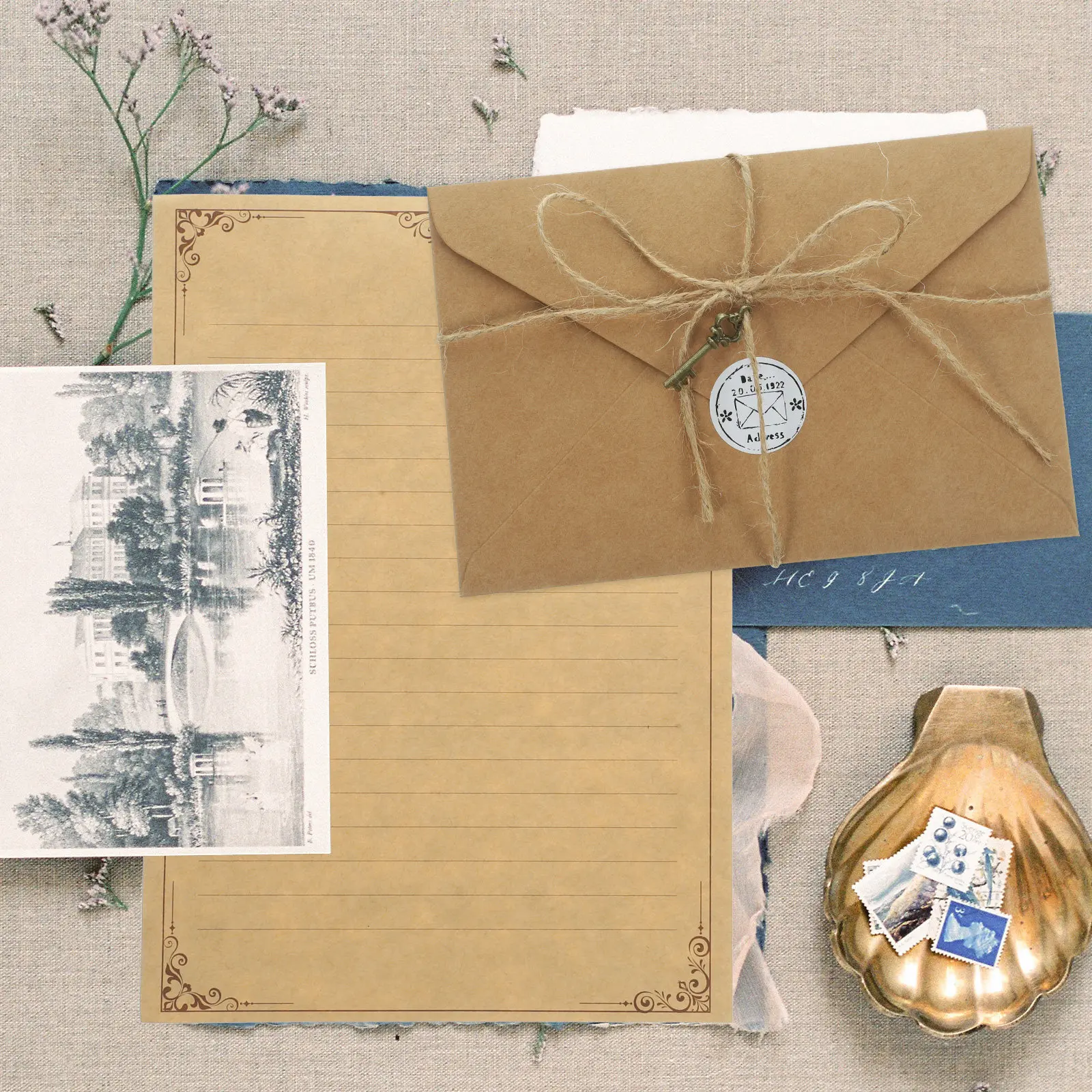 

2Sets Letter Paper Envelope Kit Vintage Style Thick Writing Papers Small Size Portable for Notebook Insert Notes