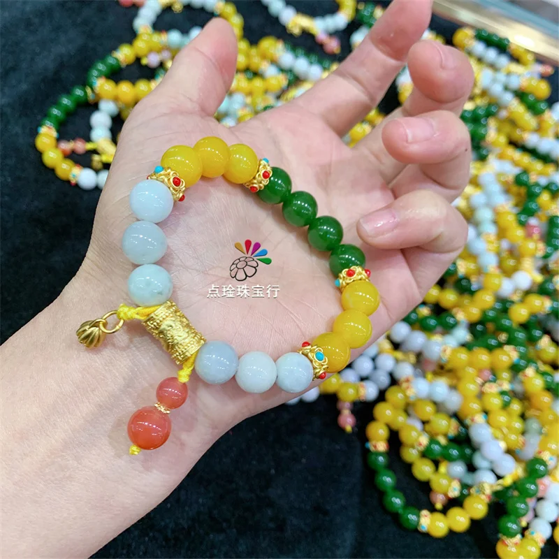 

24K Gold AU999 Natural Burmese Jade Bracelet for Women, Chalcedony Multi-Gem Beaded Bangle Jewelry, Wholesale
