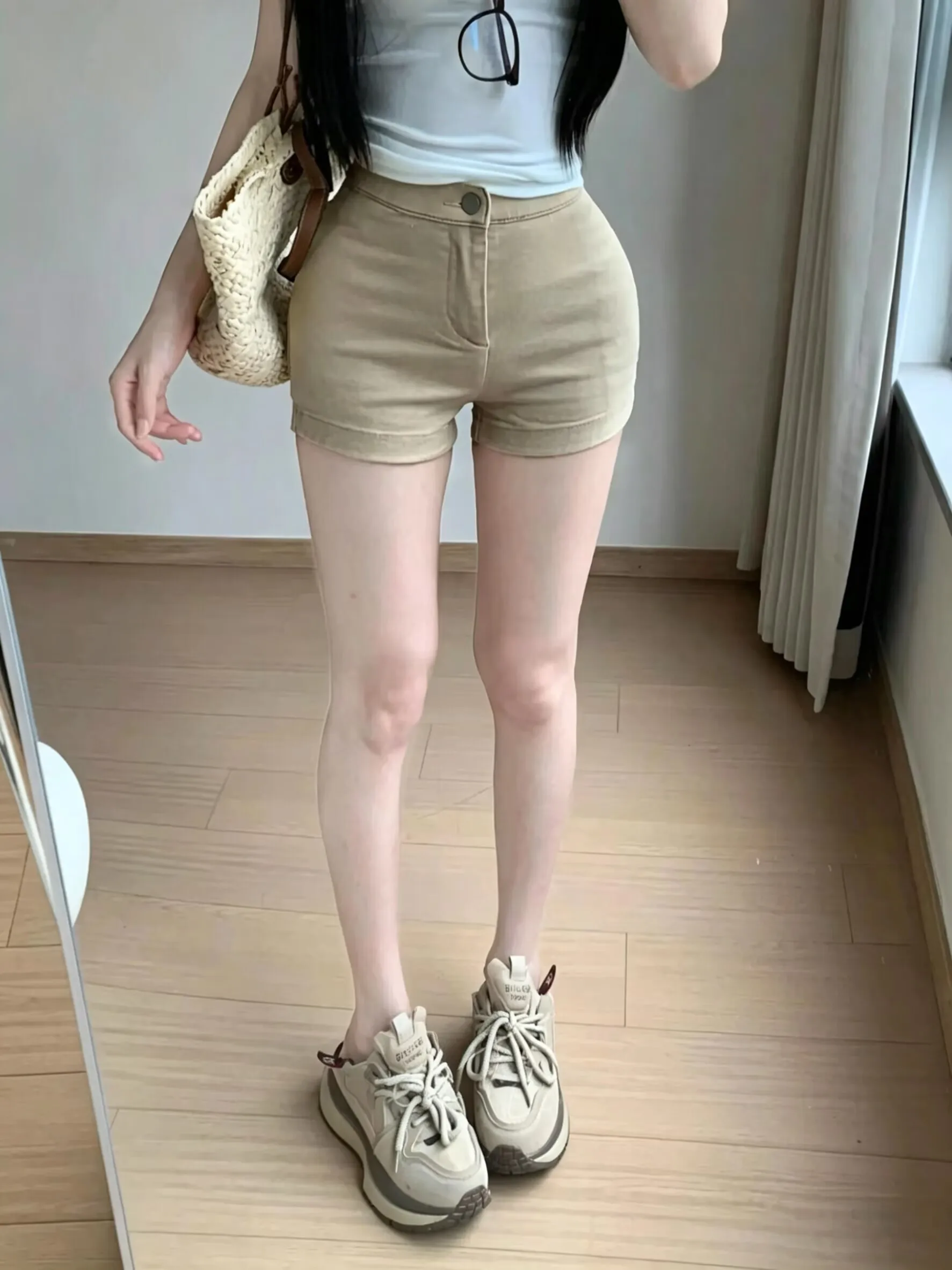 

Khaki Color Slim Fit Short Jeans High Waist Cotton Stretch Fabric Summer Fashion Pants Tummy Control Leg Lengthening Bootcut