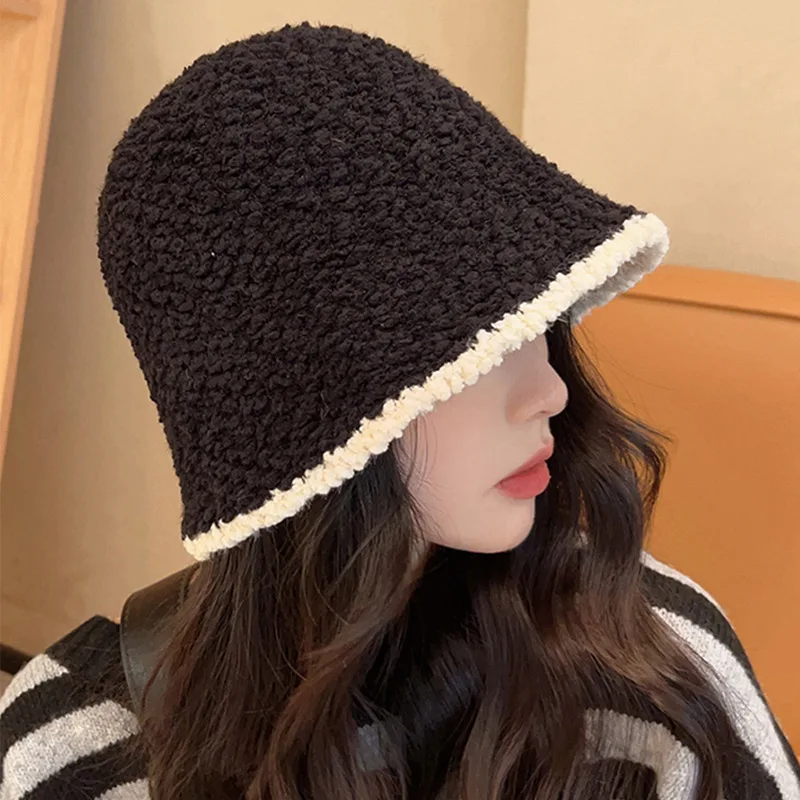 thickened warm bucket hats for women black panama winter Comfortable soft  protection plush basin cap Color block fisherman hat