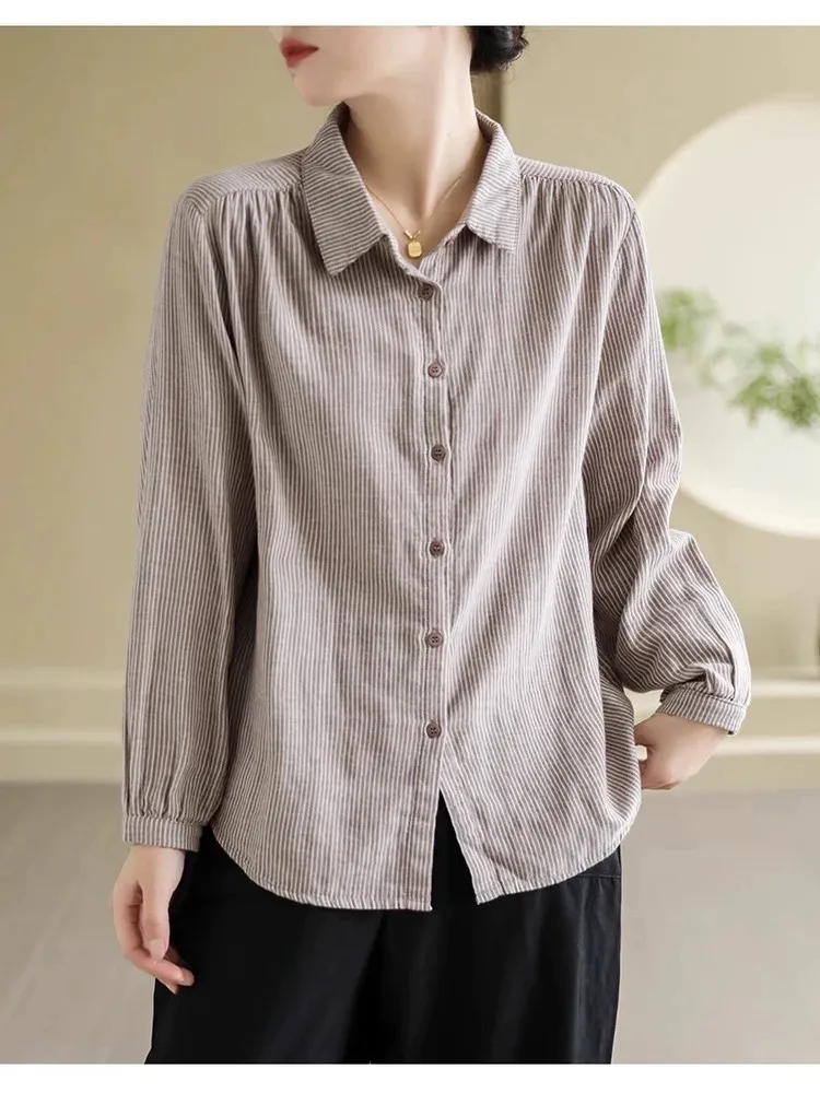 

2025 Spring Autumn Cotton Long Sve Women's irt Vintage Stripes Base Layer Top Coat Casual Comfortable Breathable