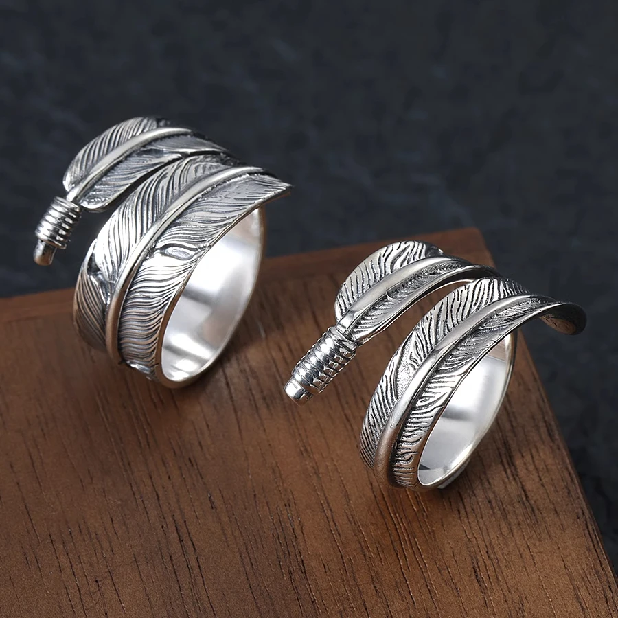 925 silver ring retro feather open ring casualfashion men and women handmade thai silver index finger ring