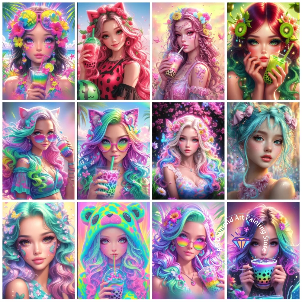

New Rainbow Fruit Fashion Girl AB Diamond Painting Kit Square Round Diamond 5D DIY Mosaic Handmade Art Adult Gift Home Decor
