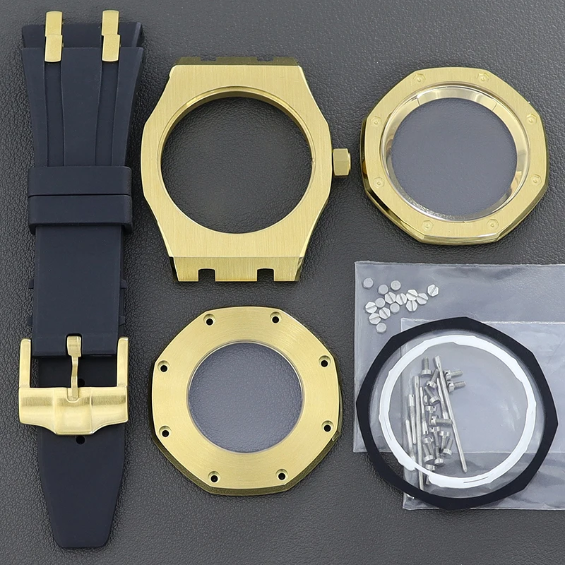 

Gold 41mm Octagon Watch Cases Rubber band Sapphire Glass with Chapter Rings Parts For oak Seiko nh35 nh36 nh34 nh38 28.5mm Dial