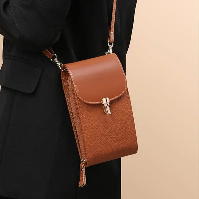 

Genuine Leather Phone Bag Solid Color Flip Round Lock Bag Women's Crossbody Bag with Long Shoulder Strap and Credit Card Slot