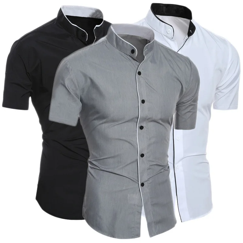 

Summer Men's Stand Collar Solid Color Block Short Sleeve Shirt Casual Fashion Single Breasted Men's Contrast Shirt