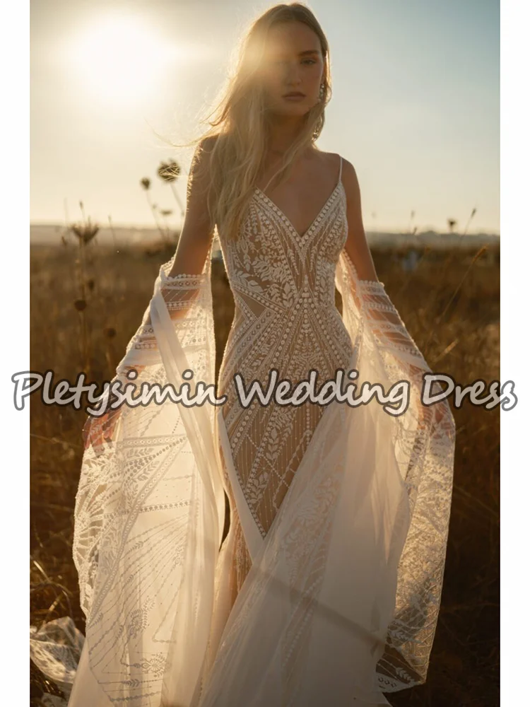 Boho cintas de espaguete vestidos de casamento v profundo sheer renda sereia vestidos de noiva batwing mangas largas vestido de novia personalizado