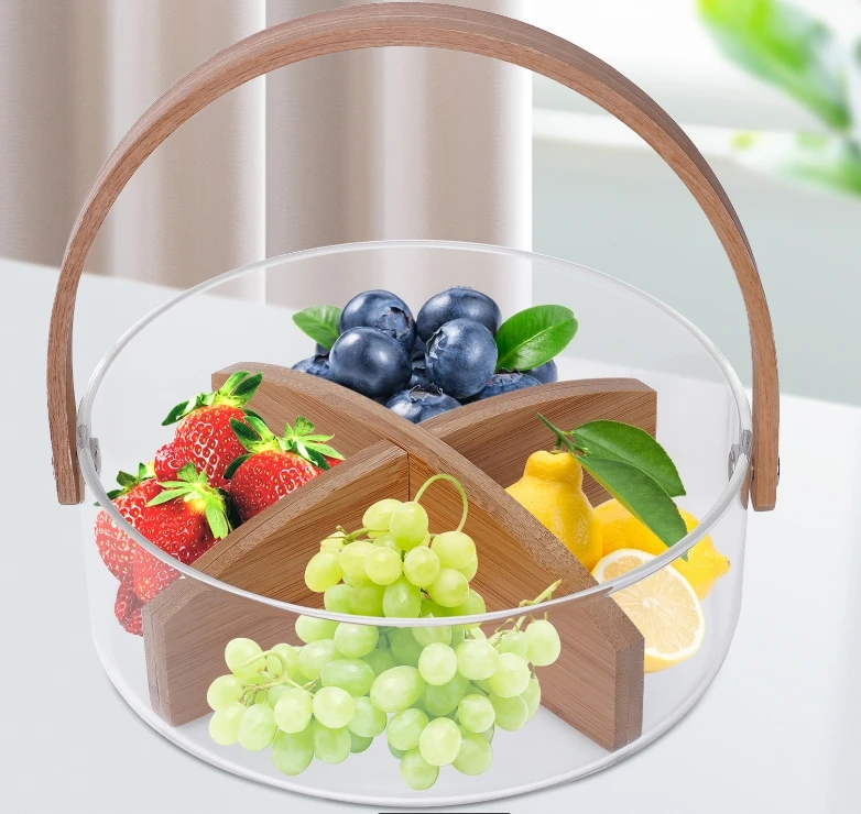 Clear Glass Fruit Sweet Bowl Round Kitchen Snack Nut Storage Plate W/Divider