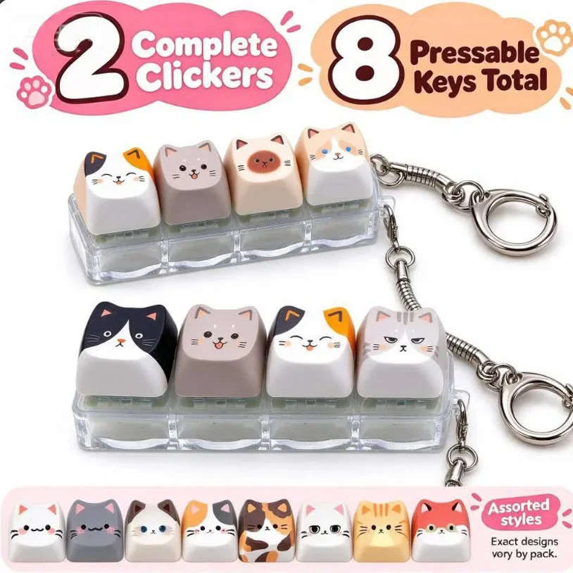 Cute Cat 4-Key Keyboard Fidget Toy, Crisp Sound Relax Button Keycap, Portable Stress Relief Fidget Clicker Keychain Gift