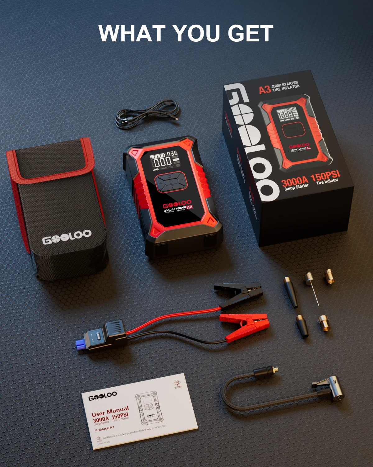 GOOLOO A3 Jump Starter مع ضاغط هواء، معزز بطارية السيارة المحمول 3000 أمبير (9.0 غاز/6.5 لتر ديزل) مع إيقاف تلقائي 150 رطل لكل بوصة مربعة