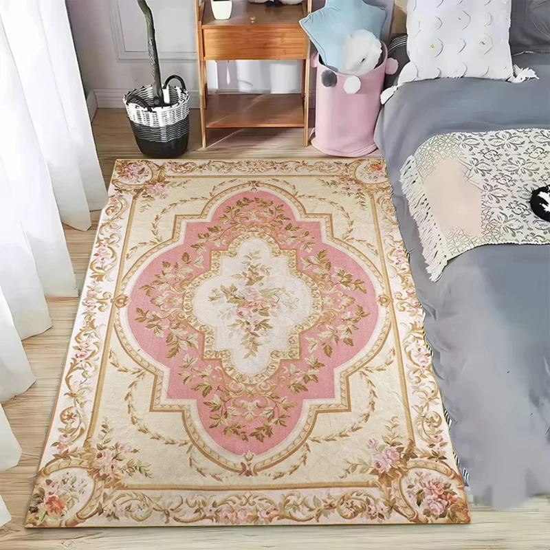 European Vintage Distressed Floral Rectangular Rug, Pink Beige Ornate Flower Print Carpet, Non-Slip Living Room Floor Mat