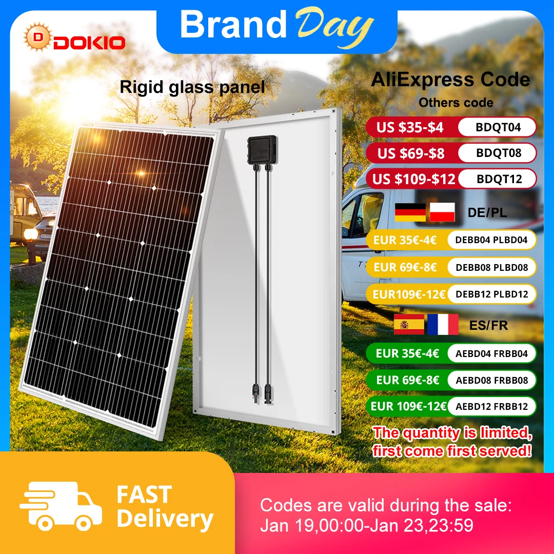 DOKIO 18V 100W-200W panneau solaire rigide chine panneau solaire étanche en silicium monocristallin # DSP-100M/DSP-100MX2 Camping/maison/RV