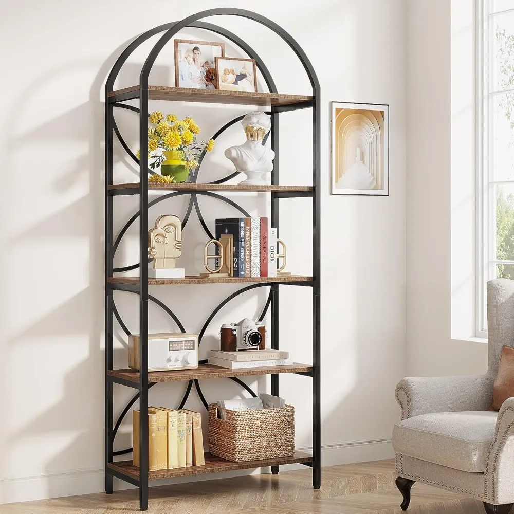 75 Inch Tall 5-Tier Arched Bookcase with Industrial Metal Frame Storage Organizer