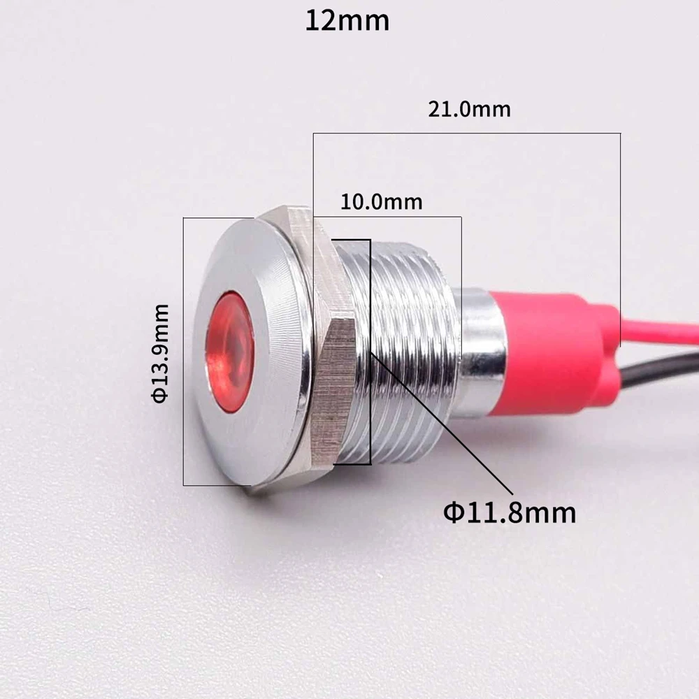 12mm With Wire LED Signal Light Power Supply Indicator Lamp Metal Indicator Light 3v 6v 12v 24v 110v 220v Red Orange Green White