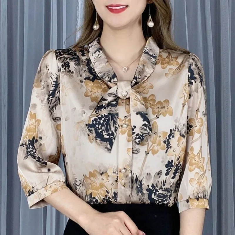 Spring Autumn Women's Pullover Scarf Collar Drawstring Leopard Pattern Chiffon Lantern Long Sleeve T-shirt Fashion Casual Tops