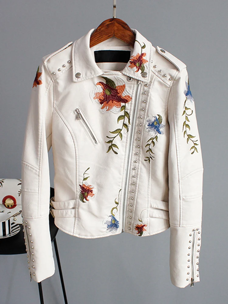 Floral Print Embroidered Faux Soft Leather Jacket Women\'s Pu Motorcycle Jacket Women\'s Black Punk Studded Jacket For Women