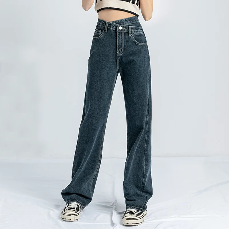 

Irregular Crossover Vintage High-waisted Jeans, Women's Spring and Fall New Fashion Loose Wide-leg Pants, Floor-length Jeans