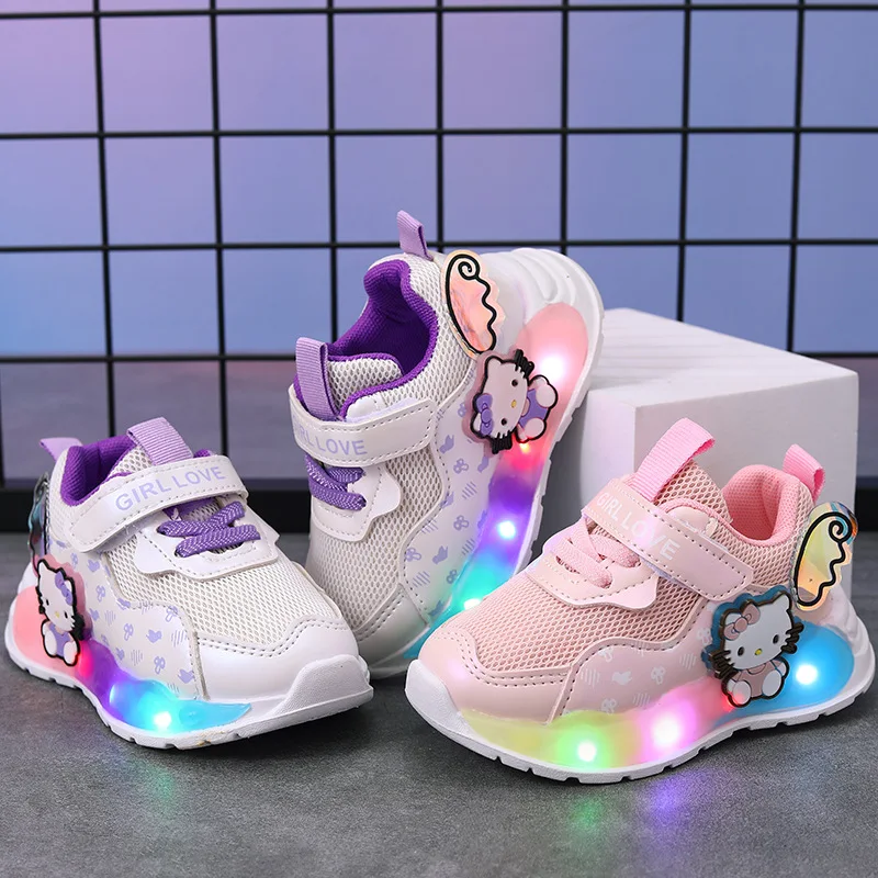 Baby Girls Cute Hello Kitty Luminous Shoes Children\'s Breathable Glowing Sport Shoes Fashion Hook Toddler Shoes Led Flash Lights