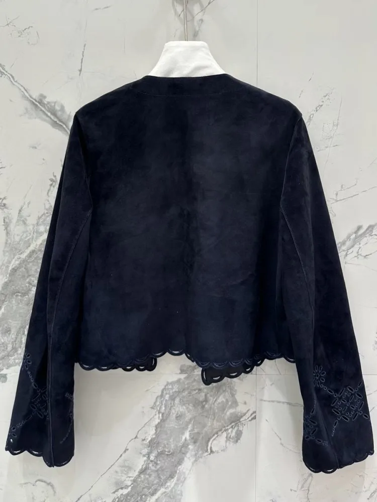 Cappotto corto autunno inverno ricamato femminile scavato Giacca vintage in vera pelle scamosciata slim fit colletto tondo moda donna elegante