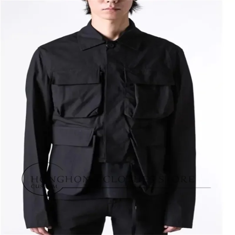 New men's black spring and autumn three-dimensional multi-pocket decorated suit, high-quality casual custom jacket