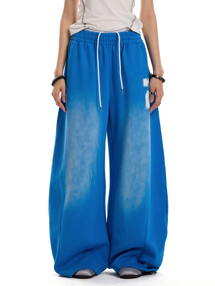 Vintage Washed Blue Wide Leg Sweatpants Unisex Soft Drawstring High Waist Lounge Pants Retro Sporty Draped Style
