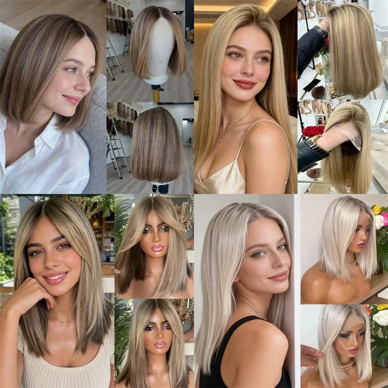 13x4 Ombre Ash Blonde Brown HD Lace Front Wig Synthetic Wig Short Straight Wig White Blonde Wig with Roots Preplucked Hairline
