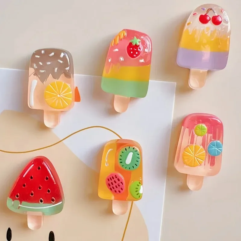 6pcs Fruit & Ice Cream Magnetic Fridge Magnets - Strawberry, Watermelon Designs for Kitchen Decor and DIY Projects