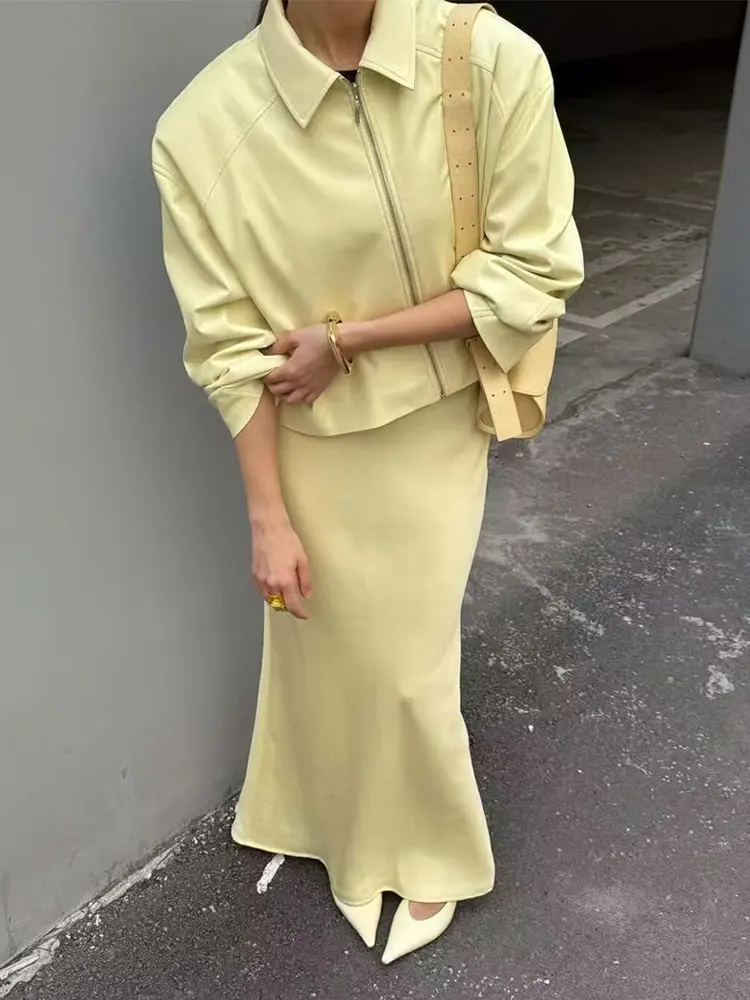 

HH женские осенние модные пальто однотонные Y2K повседневная верхняя одежда с отложным воротником на молнии с длинными рукавами винтажные куртки из искусственной кожи