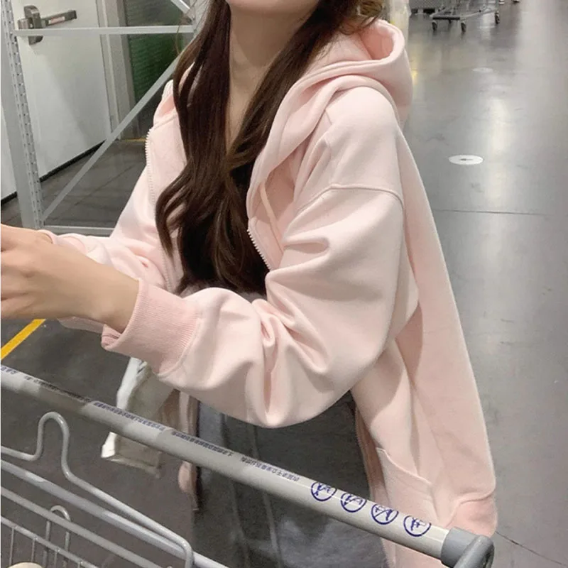 Herbst Winter Mit Kapuze Zip-Up frauen Sweatshirt Casual Lose Strickjacke Grau Hoody Jacke Frau Koreanische Harajuku Sweatshirts Mäntel