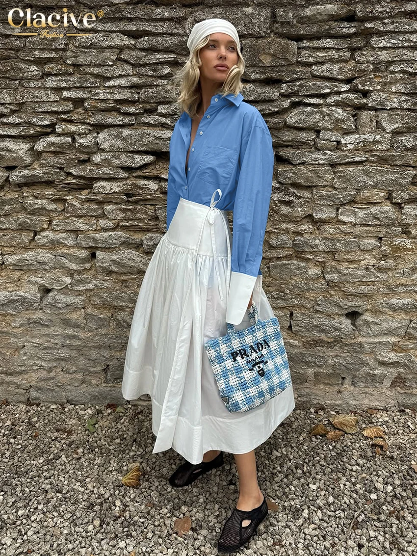 

Clacive Fashion Loose Blue Cotton Women's Two Pieces Set 2025 Elegant Long Sleeve Shirt With High Waist Long Skirt Set Female