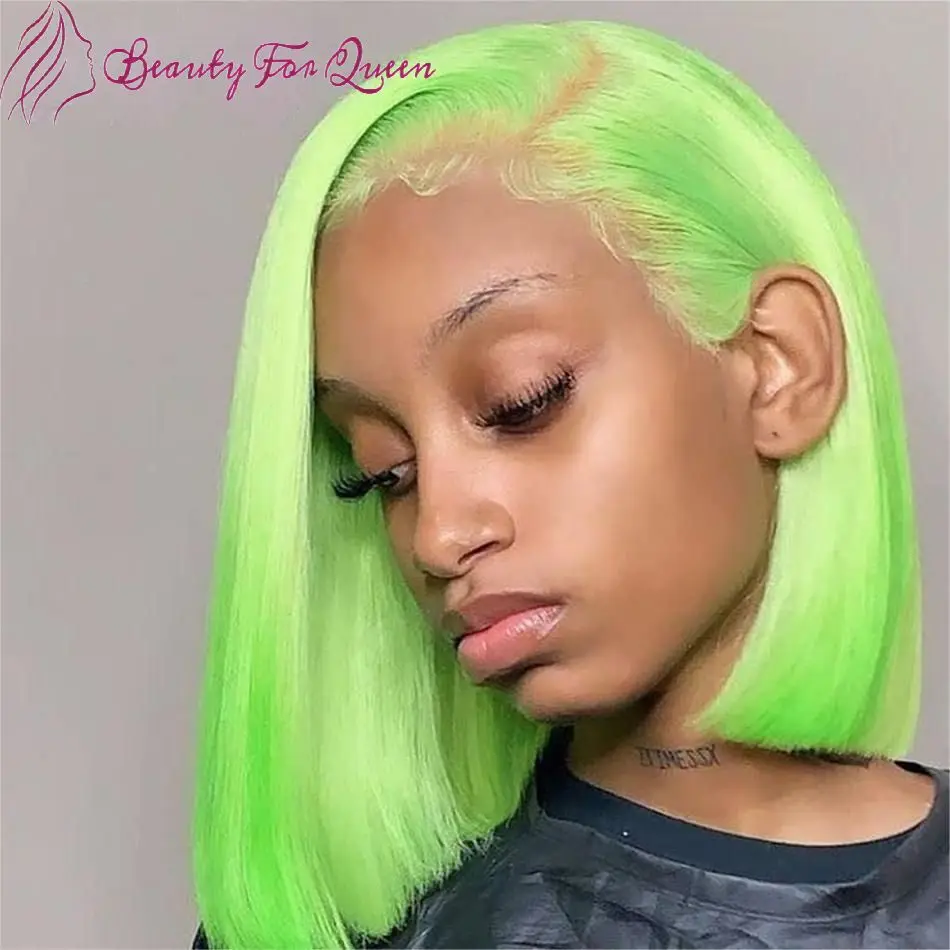 

Brazilian Human Hair Wig For Women 200 Density Mint Green Straight Short Bob 13x4 Transparent HD Lace Frontal Wigs For Women