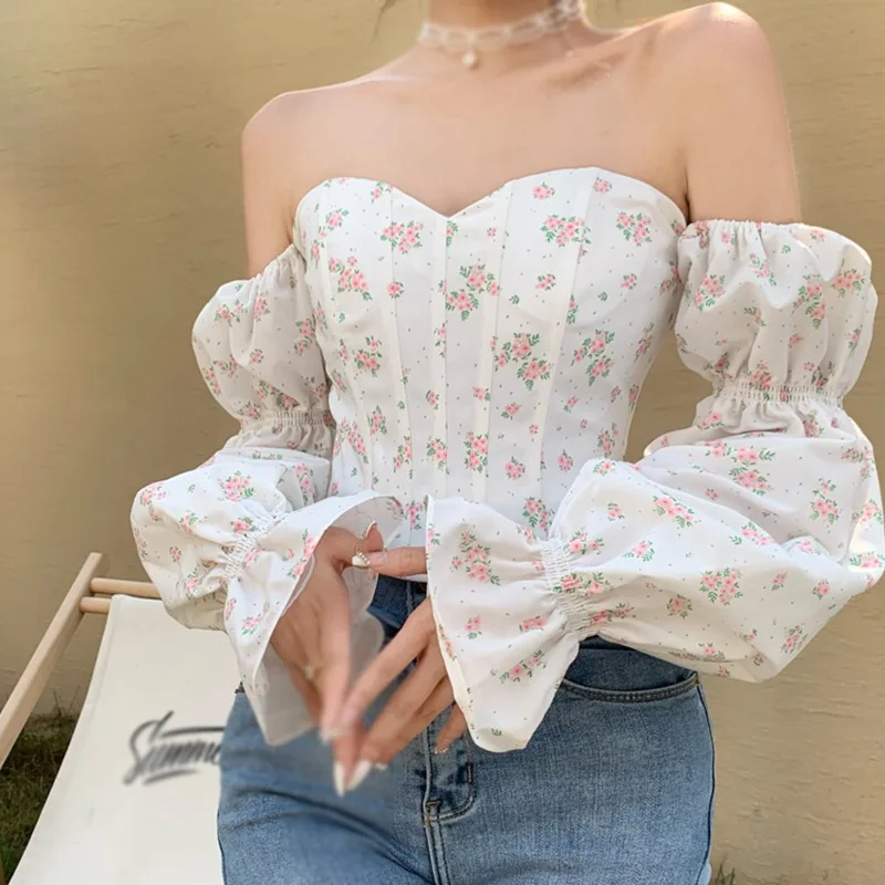 Summer Korean Retro Floral Blouse One-shoulder Slim Sexy Long-sleeved Blouse Navel Bubble Long-sleeved Shirt