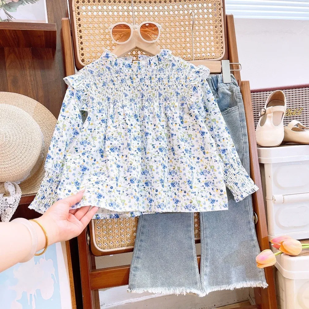 Korean Version Spring and Autumn Style Floral Pleated Long Sleeved Casual Shirt+jeans Two-piece Set for Girls Aged 3-7
