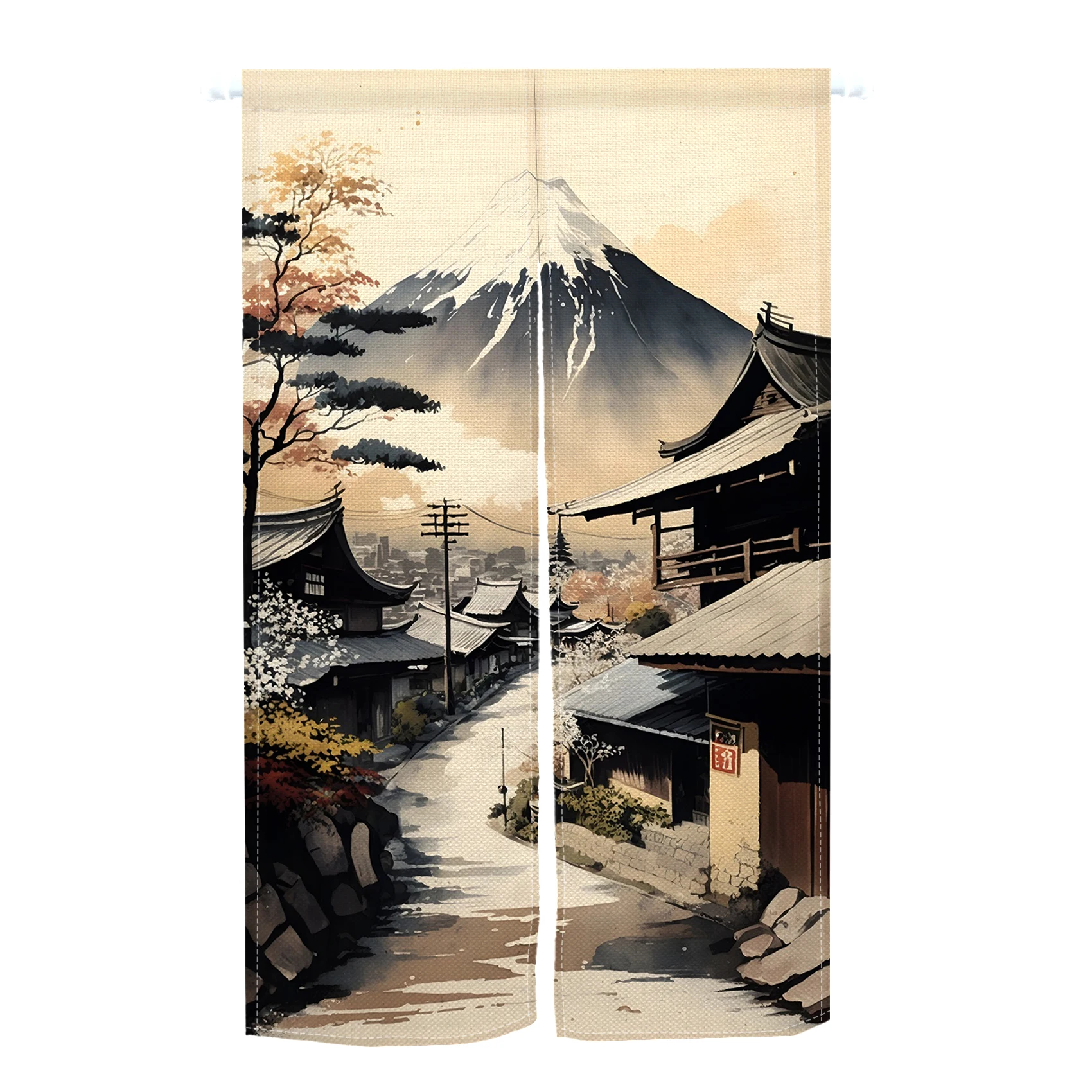 Rideau de porte imprimé à l\'encre japonaise, rideaux de porte de cuisine, cloison de montagne sans fleur, entrée nordique, demi-rideaux