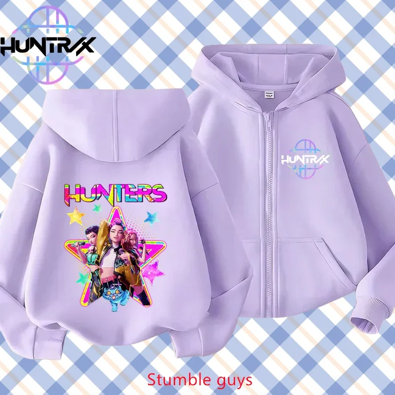 

Kpop Demon Hunters 2026 New Kids Purple Zip Hoodie Spring Autumn Skin-Friendly Boys Girls Home Wear