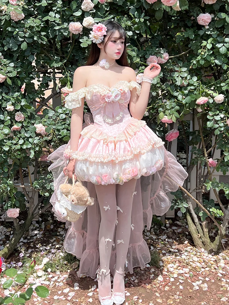 夏甘いエレガントなピンクの花のウェディングドレスの女性のスリムフィットレースエッジミニ花のつぼみドレスプリンセス妖精ロリータドレス