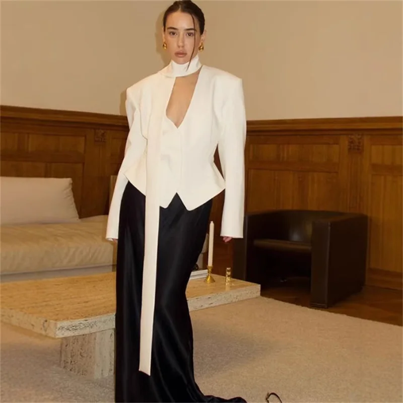 

Women White Shawl Collar Puff Sleeve Blazer, Loose Jacket with Detachable Scarf Elegant Office Party Suit New Arrival In Stock